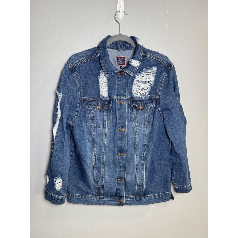 Boom Boom Jeans Distressed Embroidered Floral‎ Denim Jacket Blue Womens Large L